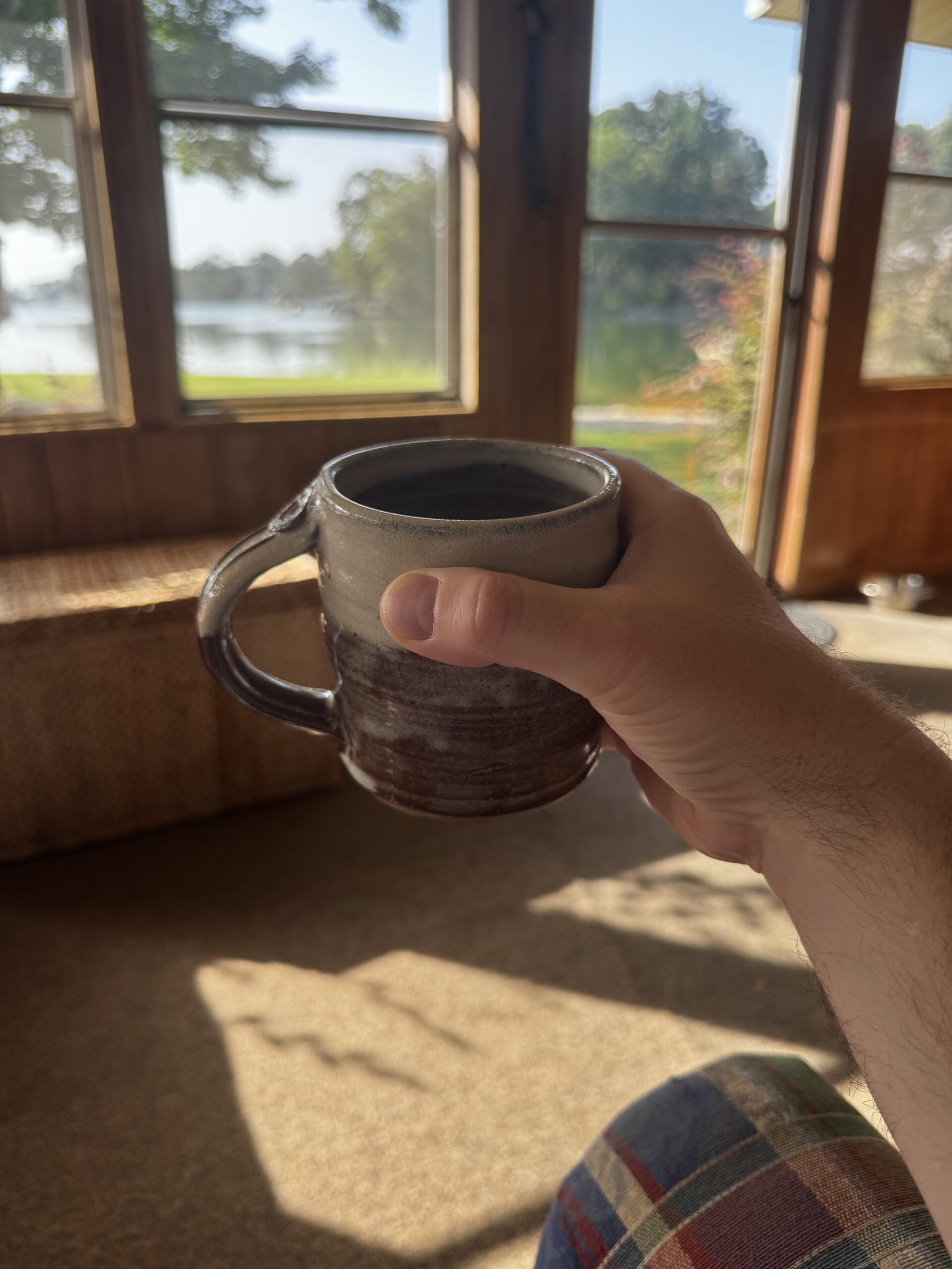 Hand holding a ceramic mug of coffee in morning light beside windows overlooking the lake.